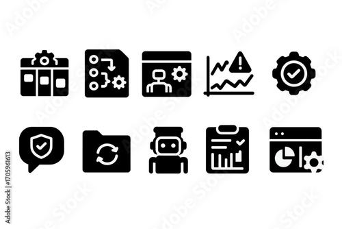 Business and technology solid icon set. workflow, ai, automation solid collection