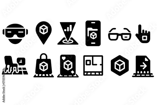 Augmented reality and vr solid icon set. virtual interaction, tech symbols in 3d
