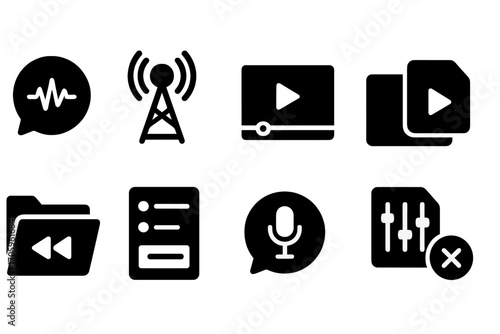 Media and communication solid icon set. broadcast, streaming, podcast icons collection