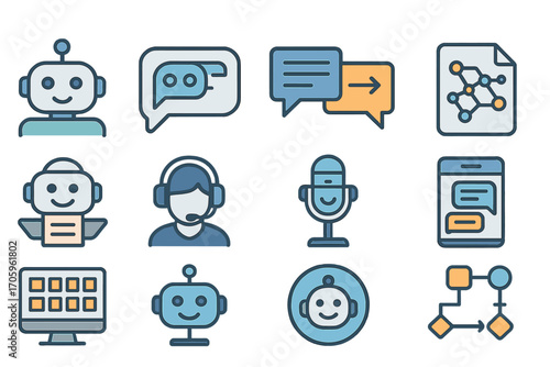 Chatbot and ai outline icon set. communication, technology, bot icons collection