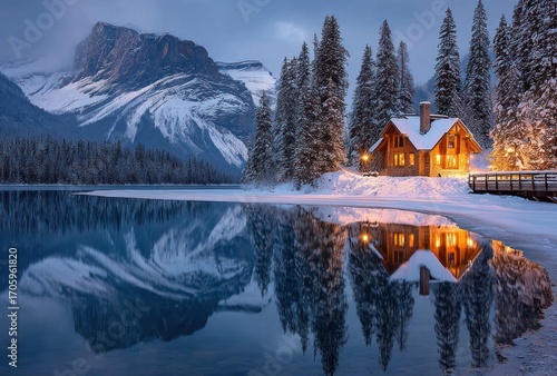 Cabin aglow winter dusk; snow-capped mountains reflect on calm water. Pine trees surround the cabin, creating a serene, picturesque scene
