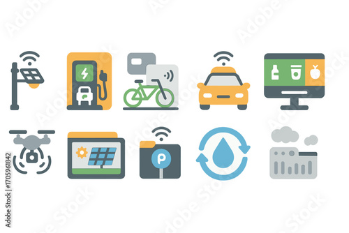 Smart city flat icon set. urban technology, transportation, energy icons collection