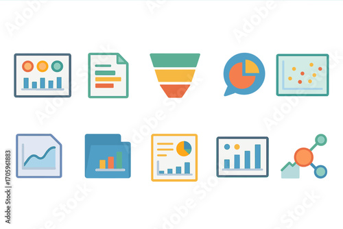 Analytics and data visualization flat icon set. chart, graph elements collection