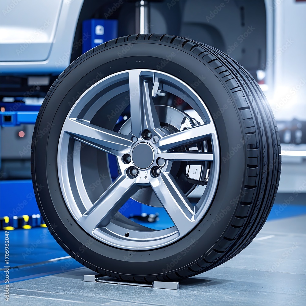 Obraz premium Car tire and wheel on lift in a garage