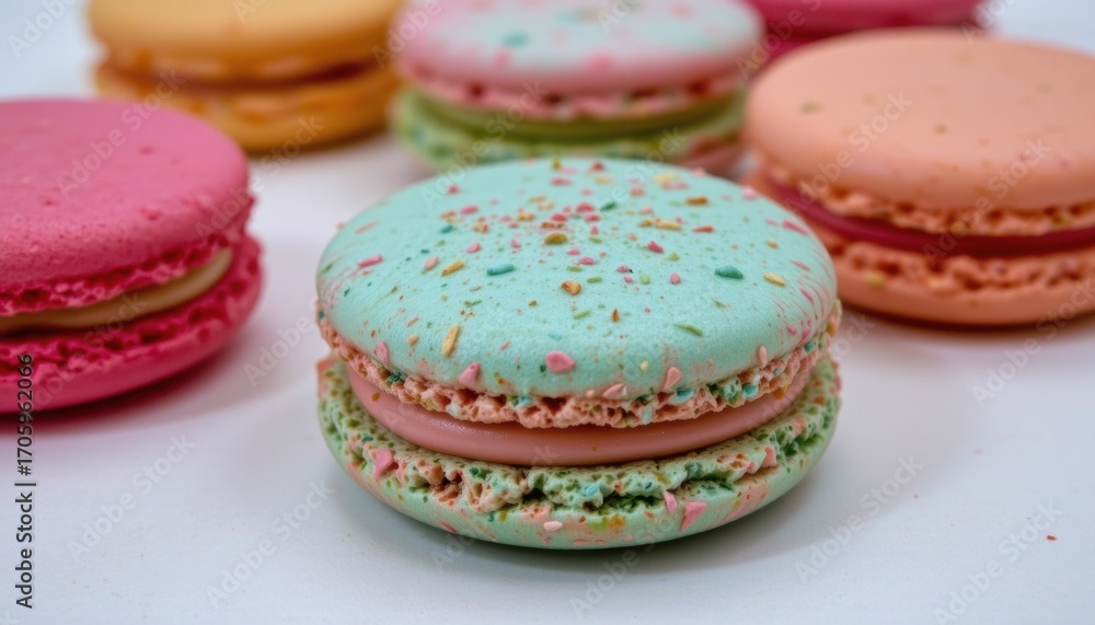 Fototapeta premium Colorful Macarons with Sprinkles on a White Background