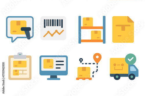 Logistics and delivery flat icon set. shipping, warehouse, package, inventory tools