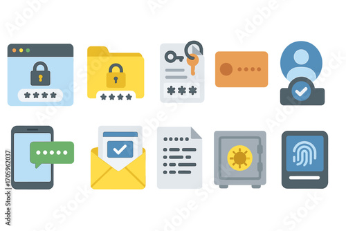 Security and privacy flat icon set. lock, key, safe, encryption icons collection