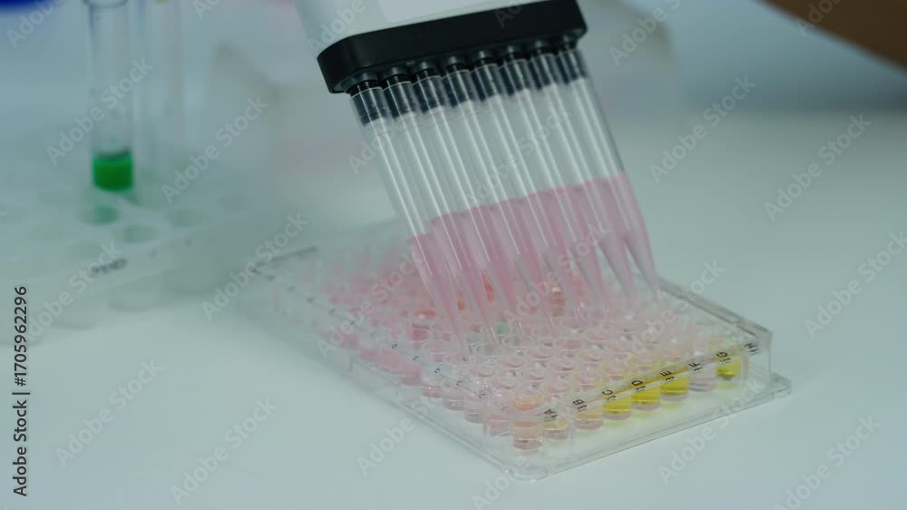 Transferring samples to microplate from multi channel pipette during scientific laboratory research, close up shot. Medicine, and biotechnology concepts.