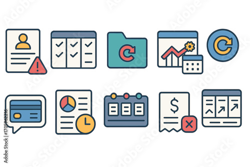 Business and productivity flat icon set. management, planning tools graphics