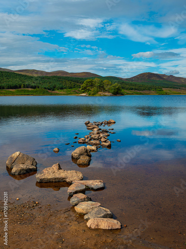 The calm, tranquil waters of a Loch Brora shoreline against rolling rugged hills and heather-clad moorlands of the Highlands in Northern Scotland. Bright blue sky.