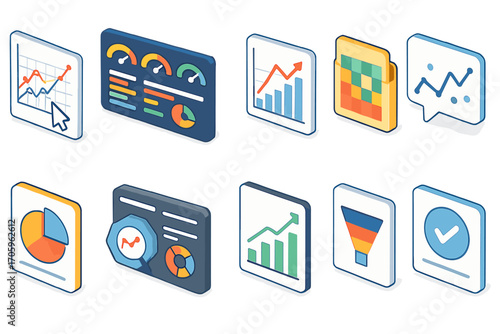 Analytics, dashboard 3d icon set. data visualization, metrics tracking icons collection