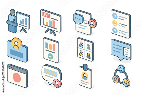 Communication and presentation 3d icon set. meetings, reports illustration pack