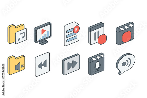 Media and music icon set. audio, video, communication icons in 3d style