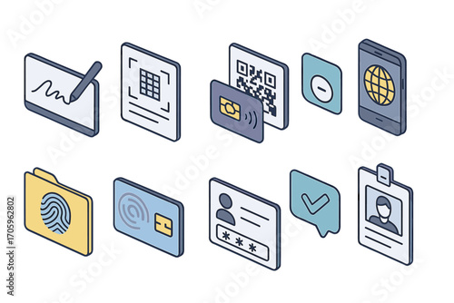 Security and identification icon set. digital access, verification icons in isometric 3d