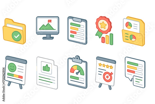 Business analytics flat icon set. data, report, statistics, charts, graphs visuals collection