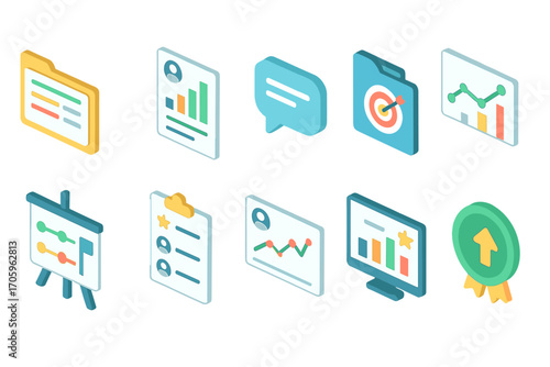 Business analytics 3d icon set. data visualization and report tools collection