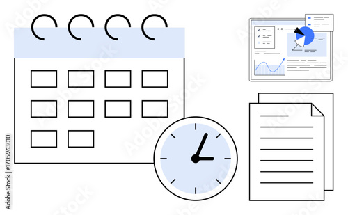 Calendar grid, clock showing time, document papers, and data analytics interface. Ideal for planning, productivity, project management, time tracking, workflow optimization team coordination simple