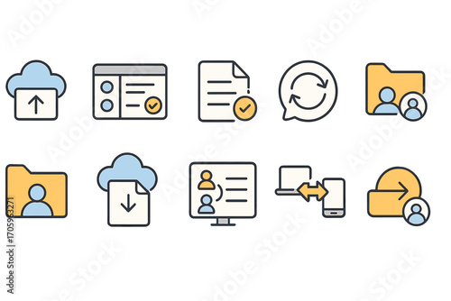 Cloud data management icon set. storage, transfer, synchronization linear collection