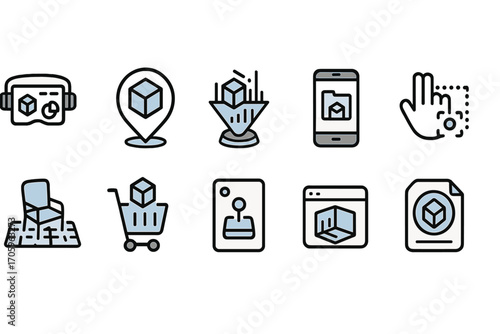 Augmented reality line icon set. virtual, digital elements in outline style