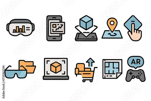 Augmented reality line icon set. virtual, technology, gaming line style collection