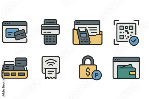 Finance and payments flat icon set. banking, transaction, wallet symbols collection