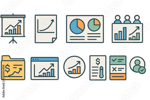 Business and analysis line icon set. charts, presentations, reports outline collection