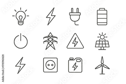 Energy and electricity flat icon set. battery, solar power, electrical symbols collection