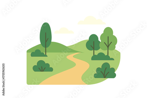 Nature and landscape flat icon set. forest, tree, path, bush icons collection