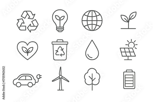 Eco-friendly, sustainability, solar energy outline icon set collection, green technology