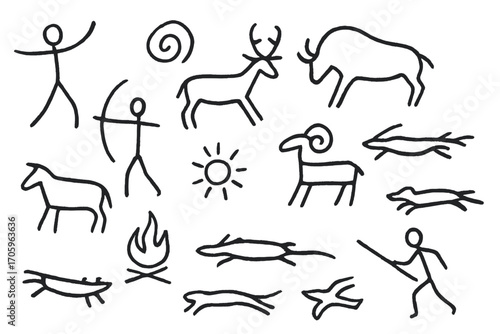 Prehistoric, ancient outline icon set. cave art, petroglyph symbols line collection