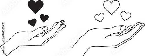 Two hands releasing hearts silhouette