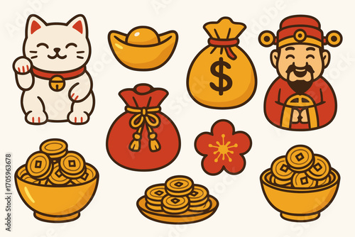 Chinese new year flat icon set. traditional symbols, lucky icons flat collection