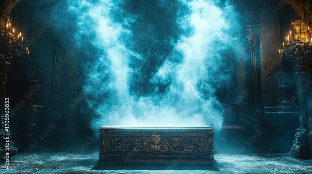 Obraz premium Mysterious ornate casket shrouded in ethereal blue smoke