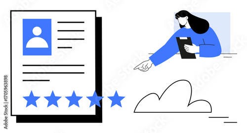 Profile document with five-star rating, female manager holding clipboard, pointing at ideas. Ideal for evaluation, feedback, teamwork, profile building, human resources, growth simple landing page