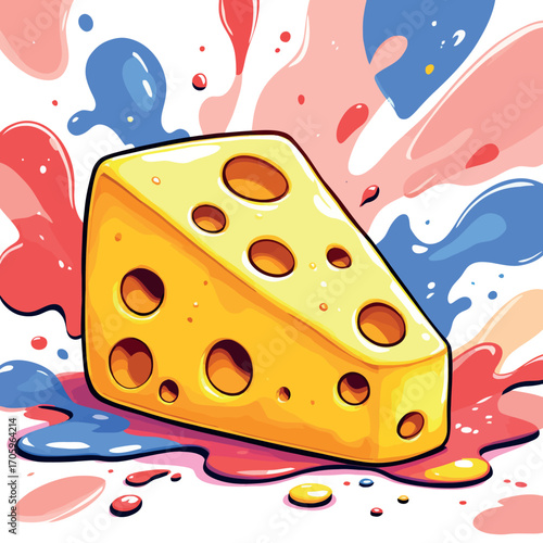 Vsai wedge of swiss cheese melting on colorful background