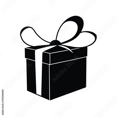 Festive black silhouette of a gift box with a decorative ribbon