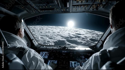 Two astronauts are in a space shuttle looking out the window at the moon. Scene is one of wonder and awe at the vastness of space