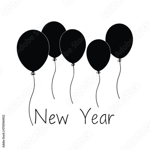 Minimal black silhouette of balloons floating gracefully in the sky