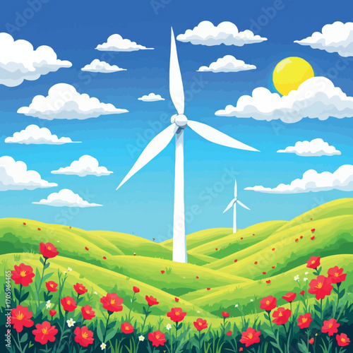 Vsai wind turbines generating clean energy in green meadow with red flowers