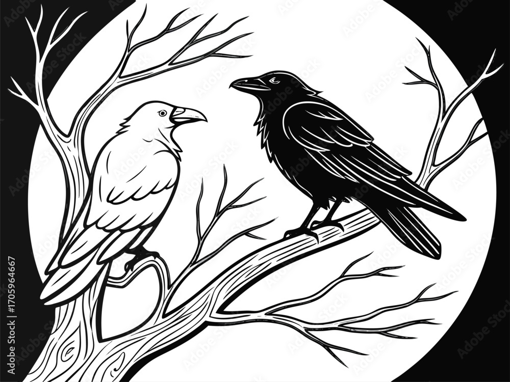 Fototapeta premium Two Birds on Tree Branch Black and White Vector Illustration