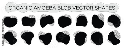 Organic amoeba blob vector shapes, abstract black liquid fluid forms, irregular rounded silhouettes for modern graphic design elements