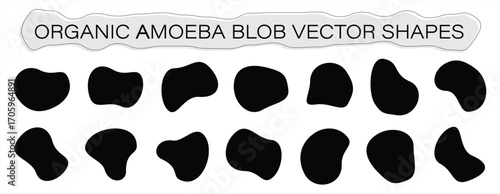 Organic amoeba abstract blob vector shapes set, black silhouette modern liquid forms, fluid design elements collection for creative backgrounds and compositions