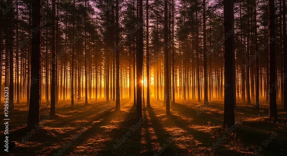 Obraz premium Sunbeams filtering through dense forest trees.