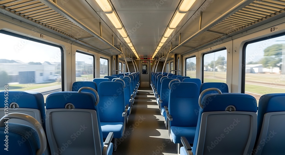 Fototapeta premium Empty Modern Passenger Train Interior with Blue Seats and Large Windows
