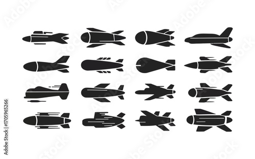 A diverse collection of military aerial ammunition icons, featuring various types of bombs, rockets, and missiles in a flat silhouette style