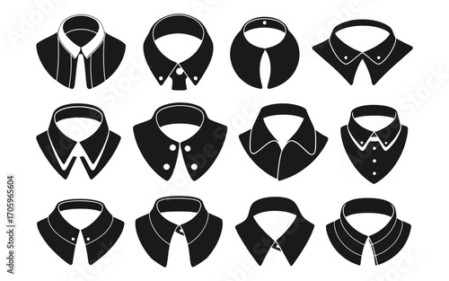 Monochrome icon set of various formal and casual shirt collar styles, isolated vector graphics for fashion and apparel design concepts