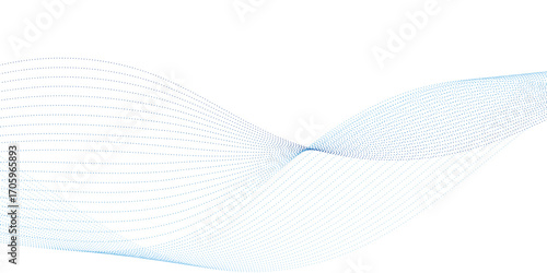 Blue dotted wave line pattern. Flowing dot particles wave pattern halftone black gradient smooth curve shape isolated on transparent background.	