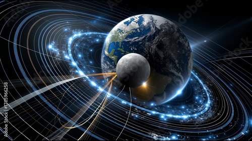 A planet with a moon in orbit around it. The planet is blue and the moon is white