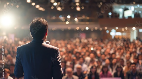 An Asian tech leader giving a keynote speech on a large stage, with a diverse audience listening intently, sharp focus on the speaker, blurred background. Generative AI.