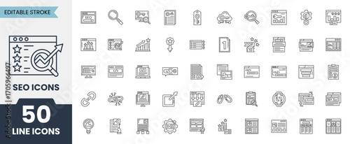 SEO line icons set with editable stroke. Containing Growth chart, browser, creative service, chart, algorithm, start campaign, page rank, user inter face and more. Vector illustration